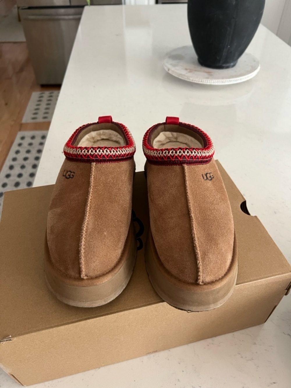 UGG Chestnut Suede Slip-On Mules with Red Accent Trim